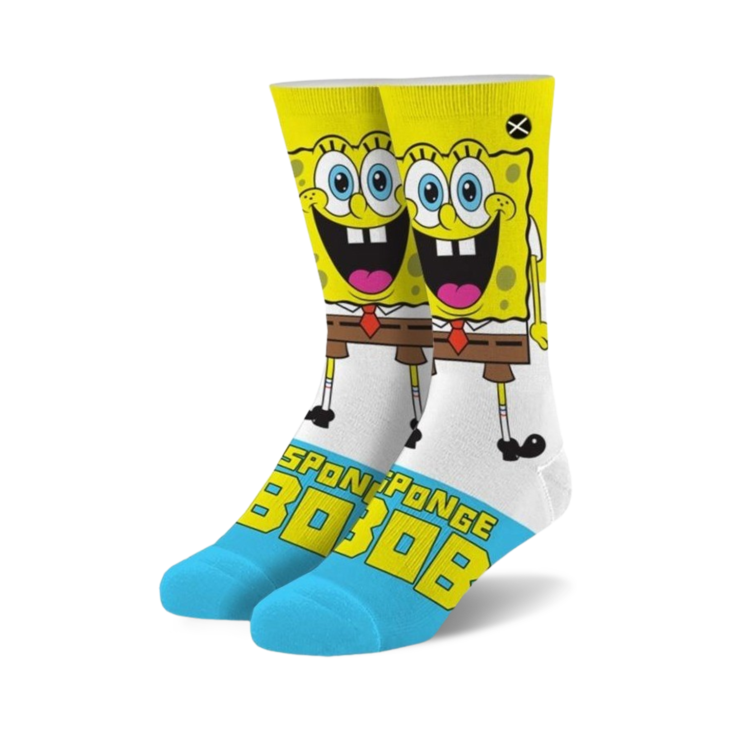 Crew socks featuring Spongebob Squarepants.  Yellow, white, and light blue with a full-color image of Spongebob's smiling face.