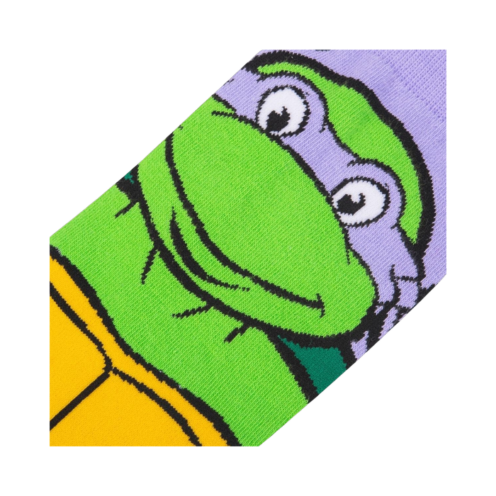 Close-up detail shot of the Donatello's face on the TMNT crew socks.