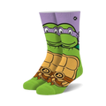 Pair of crew socks featuring Donatello from TMNT.  Purple, green, and orange design with Donatello's face and shell.