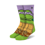 Pair of crew socks featuring Donatello from TMNT.  Purple, green, and orange design with Donatello's face and shell.