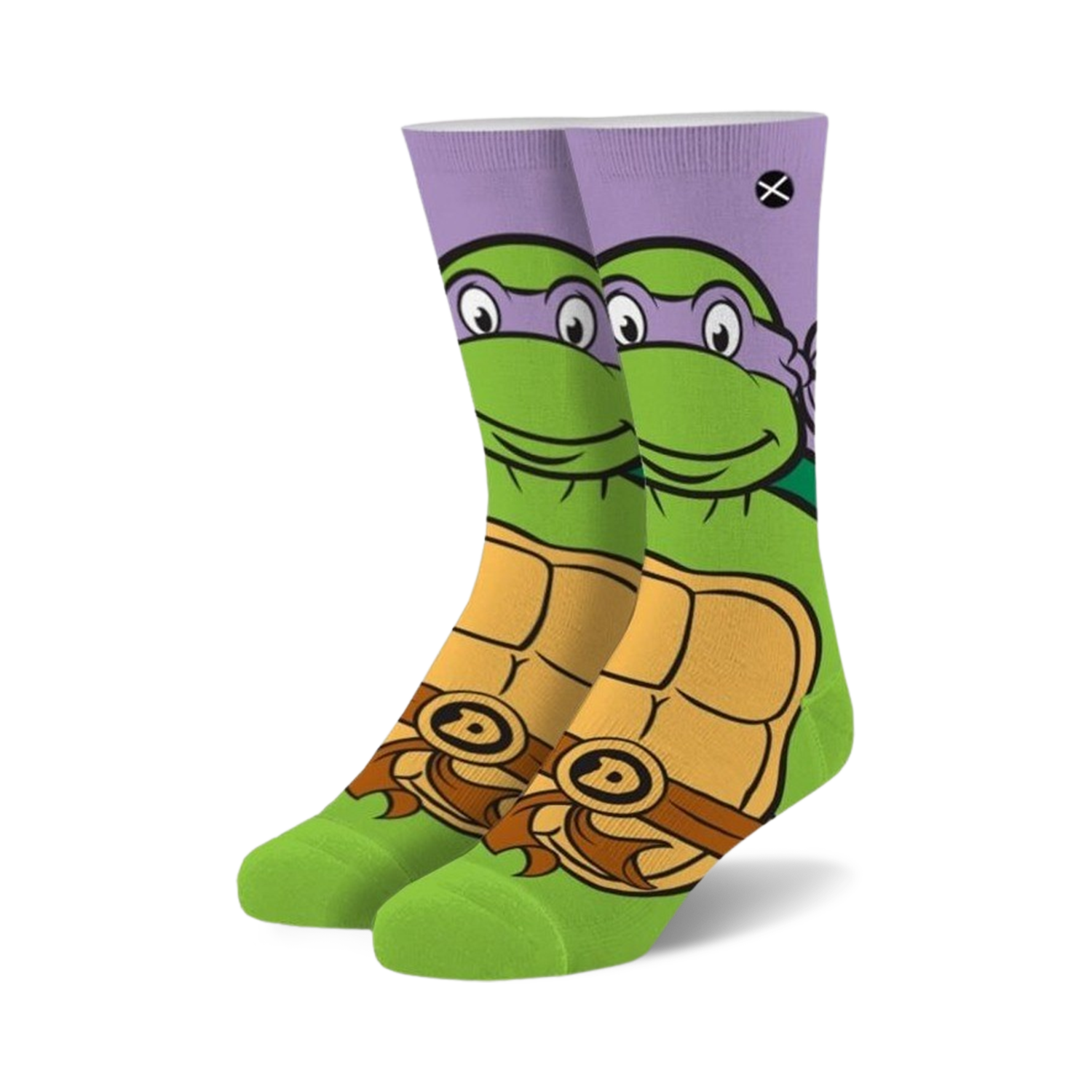 Pair of crew socks featuring Donatello from TMNT.  Purple, green, and orange design with Donatello's face and shell.