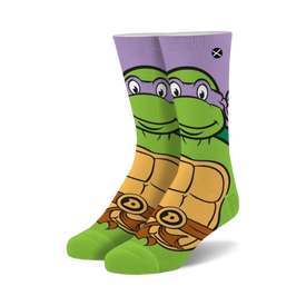 purple and green crew socks featuring a pattern of donatello from teenage mutant ninja turtle. 