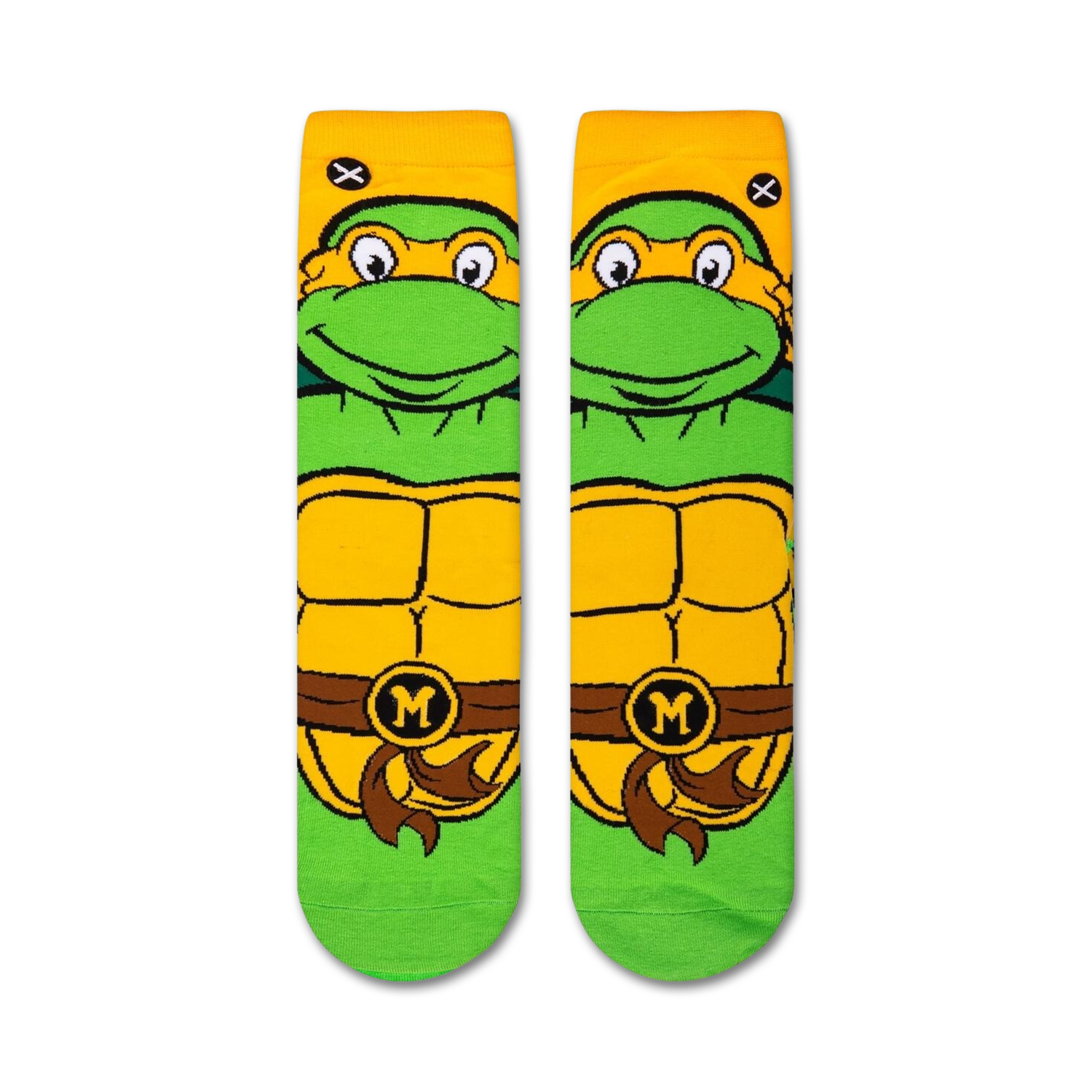 Flatlay showcasing a pair of TMNT Michelangelo crew socks, highlighting the design detail from the top.