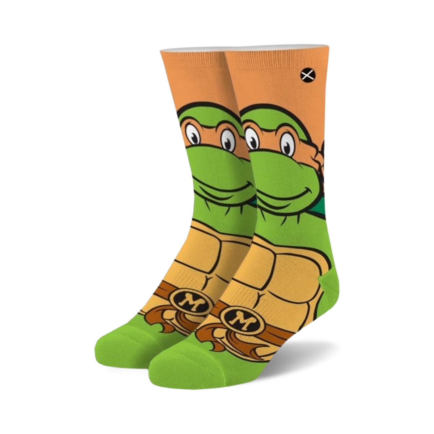 Crew socks featuring Michelangelo from TMNT. Green, orange, and brown colors.  Mikey's face and shell are prominently displayed.