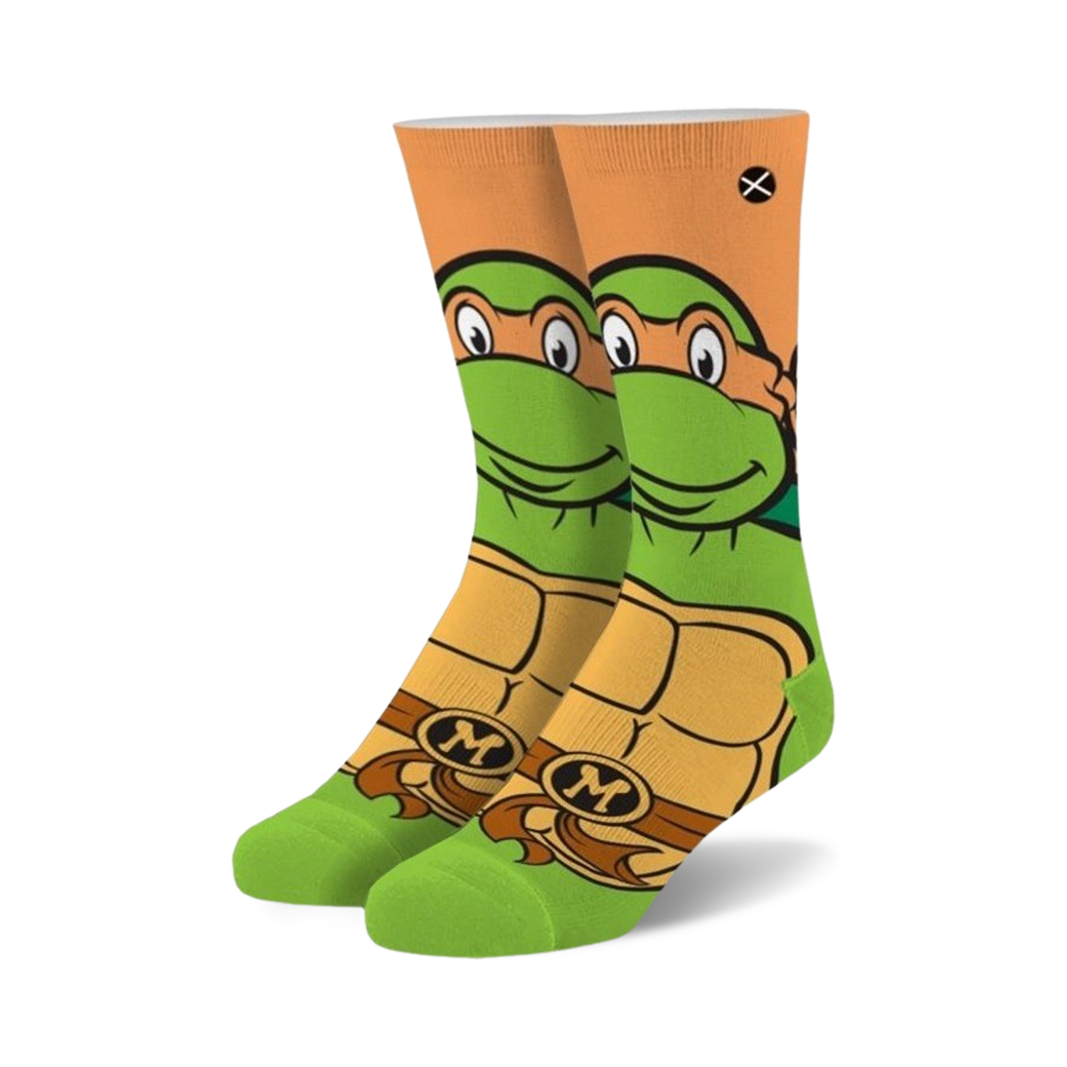 Crew socks featuring Michelangelo from TMNT. Green, orange, and brown colors.  Mikey's face and shell are prominently displayed.
