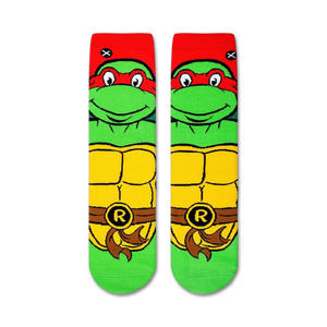 A pair of green and red socks with the Teenage Mutant Ninja Turtles on them.