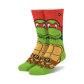 Crew socks featuring Raphael from TMNT. Red, green, and yellow design with Raphael's face and shell.