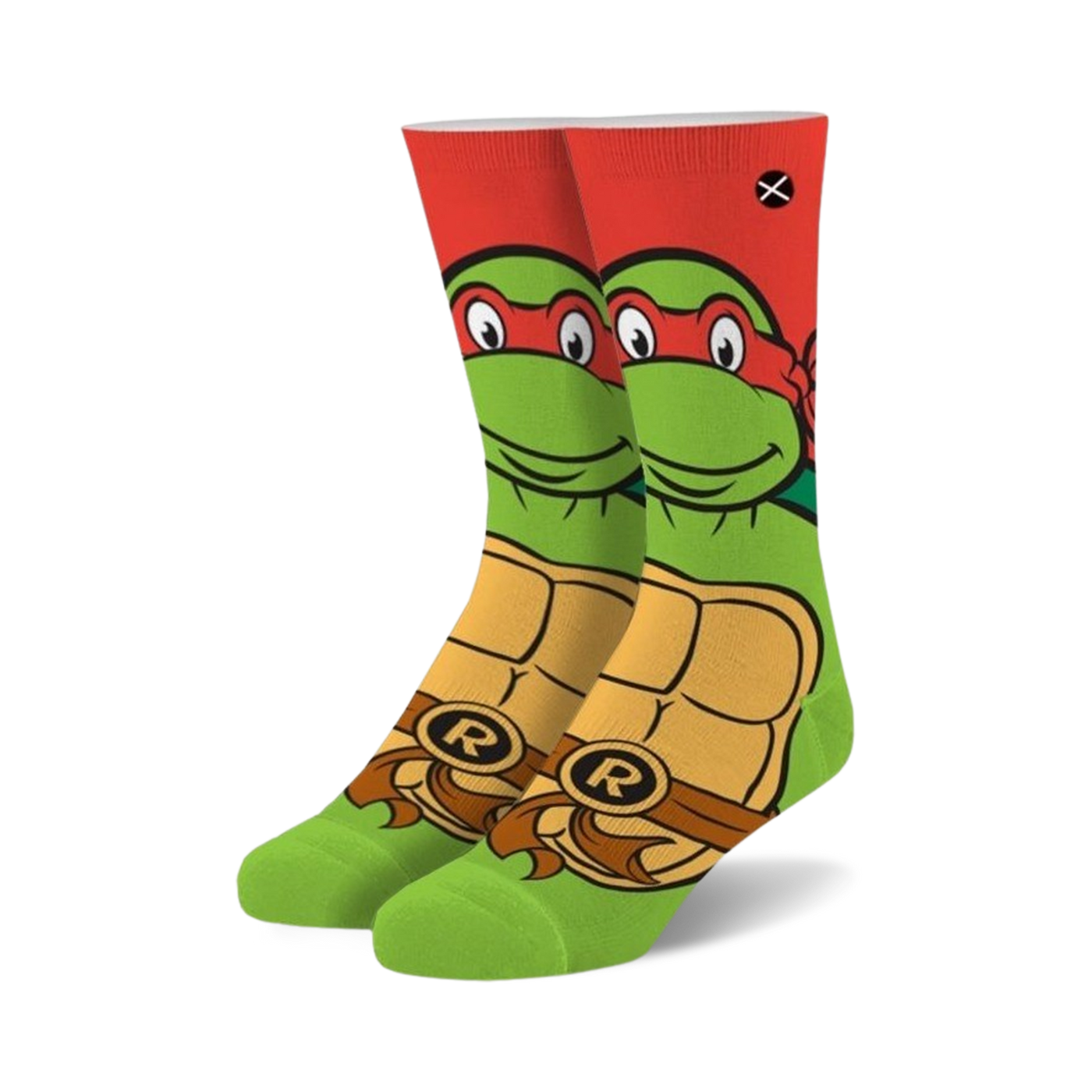 Crew socks featuring Raphael from TMNT. Red, green, and yellow design with Raphael's face and shell.