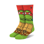 Crew socks featuring Raphael from TMNT. Red, green, and yellow design with Raphael's face and shell.
