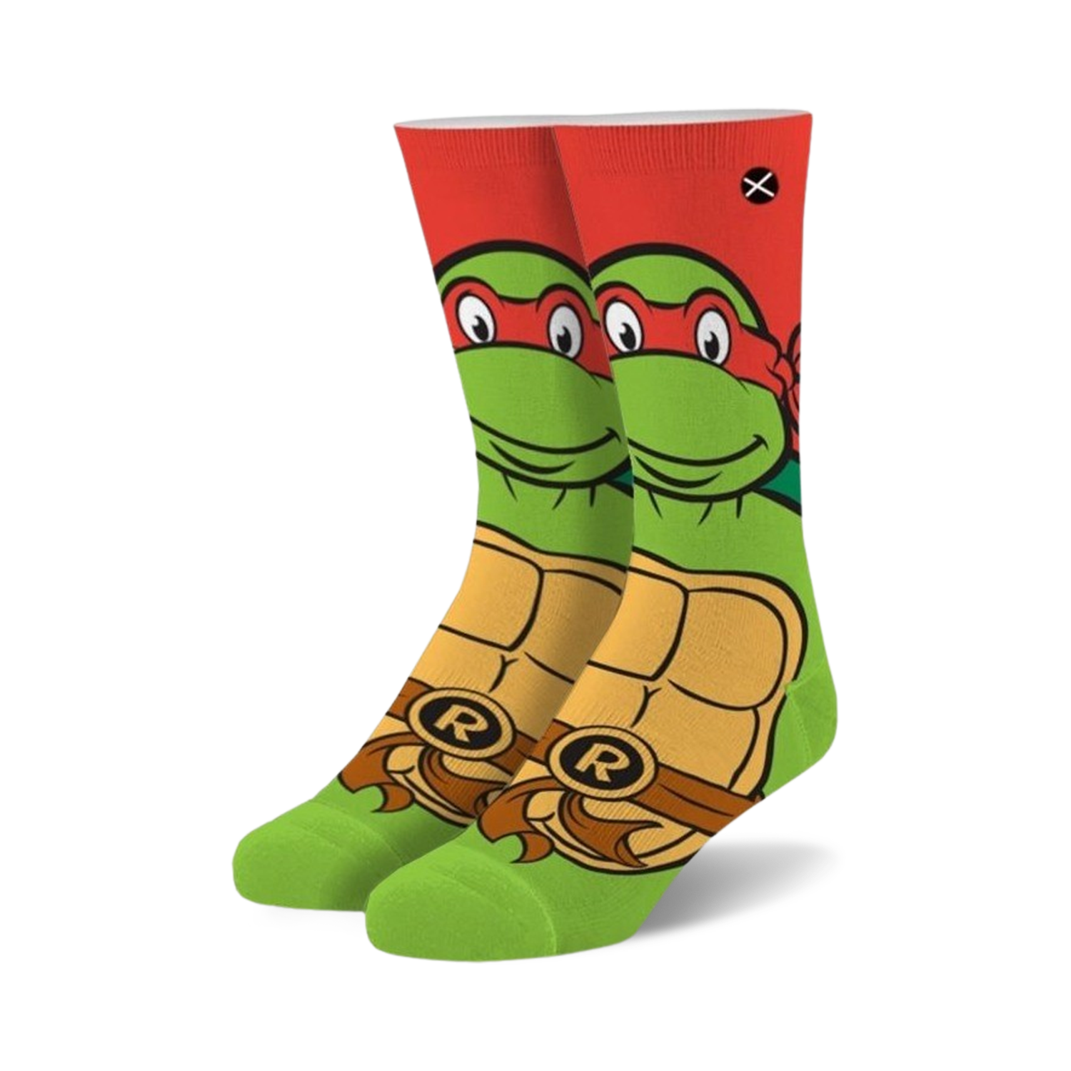Crew socks featuring Raphael from TMNT. Red, green, and yellow design with Raphael's face and shell.