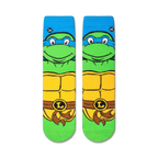 Flatlay showcasing a pair of TMNT Leonardo crew socks, highlighting the design details.