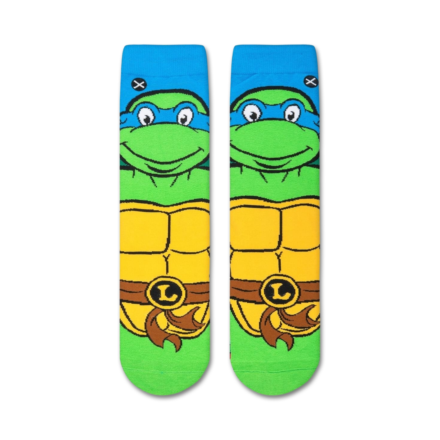 Flatlay showcasing a pair of TMNT Leonardo crew socks, highlighting the design details.