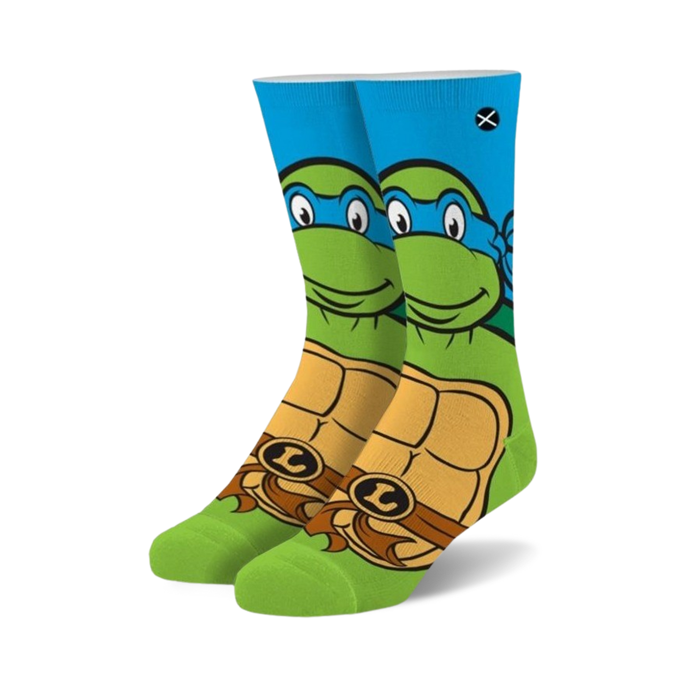 Crew socks in green, blue, and orange. Feature Leonardo from TMNT, his face on the top and his shell on the bottom.