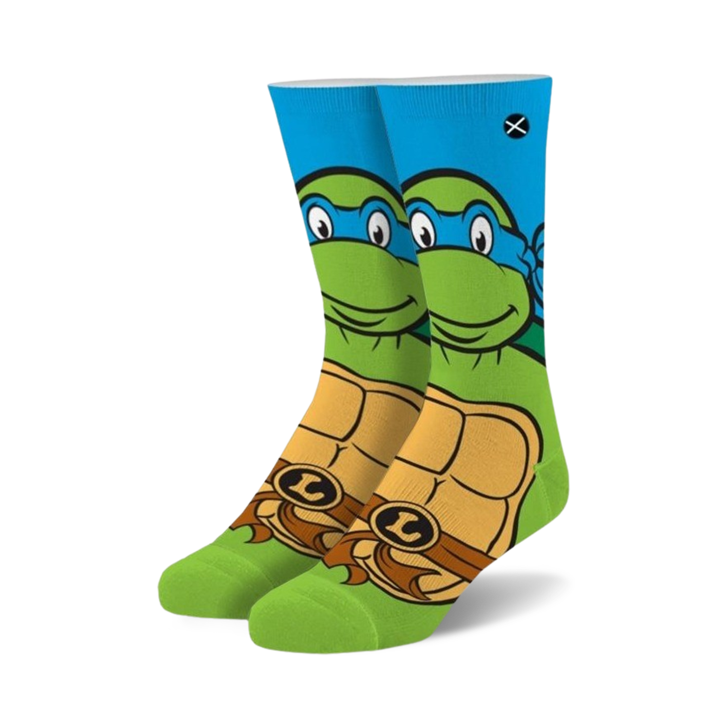 Crew socks in green, blue, and orange. Feature Leonardo from TMNT, his face on the top and his shell on the bottom.