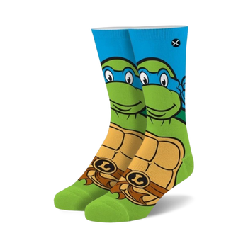 crew-length green socks with a blue cuff. features a pattern of leonardo from teenage mutant ninja turtles. available for men and women.  