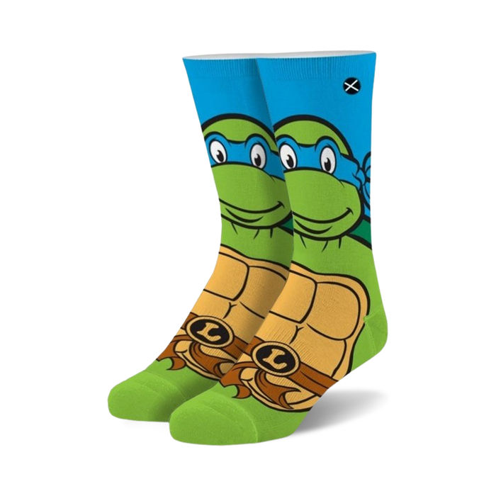 crew-length green socks with a blue cuff. features a pattern of leonardo from teenage mutant ninja turtles. available for men and women.  