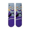 Flatlay showcasing a pair of TMNT Shredder crew socks, purple and grey.