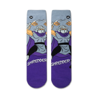 Flatlay showcasing a pair of TMNT Shredder crew socks, purple and grey.