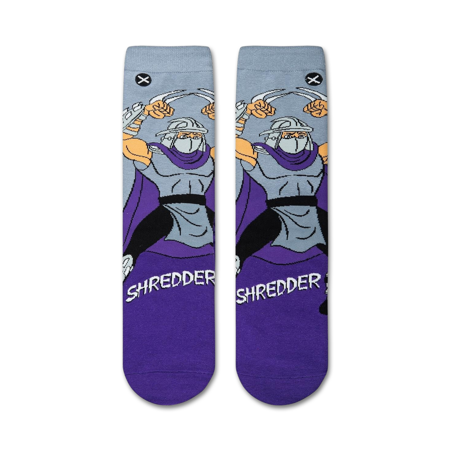 Flatlay showcasing a pair of TMNT Shredder crew socks, purple and grey.