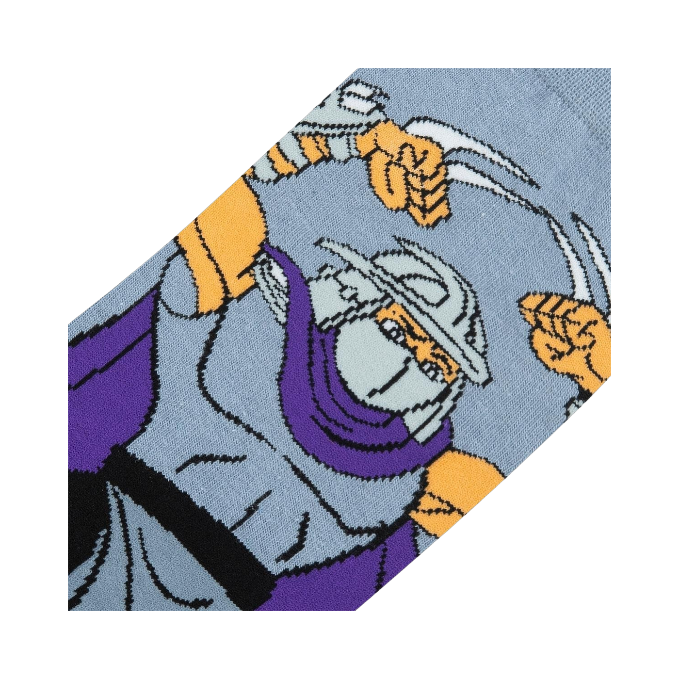 Close-up detail shot of the TMNT Shredder sock design, highlighting Shredder's face and sais.