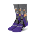 Crew socks in purple and grey featuring Shredder from Teenage Mutant Ninja Turtles.  Shows Shredder's full body with his sais.