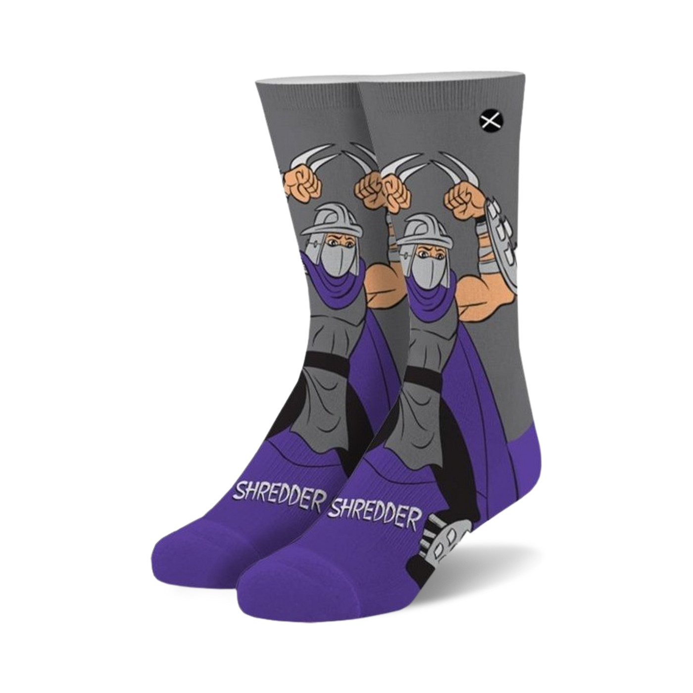 Crew socks in purple and grey featuring Shredder from Teenage Mutant Ninja Turtles.  Shows Shredder's full body with his sais.