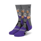 Crew socks in purple and grey featuring Shredder from Teenage Mutant Ninja Turtles.  Shows Shredder's full body with his sais.