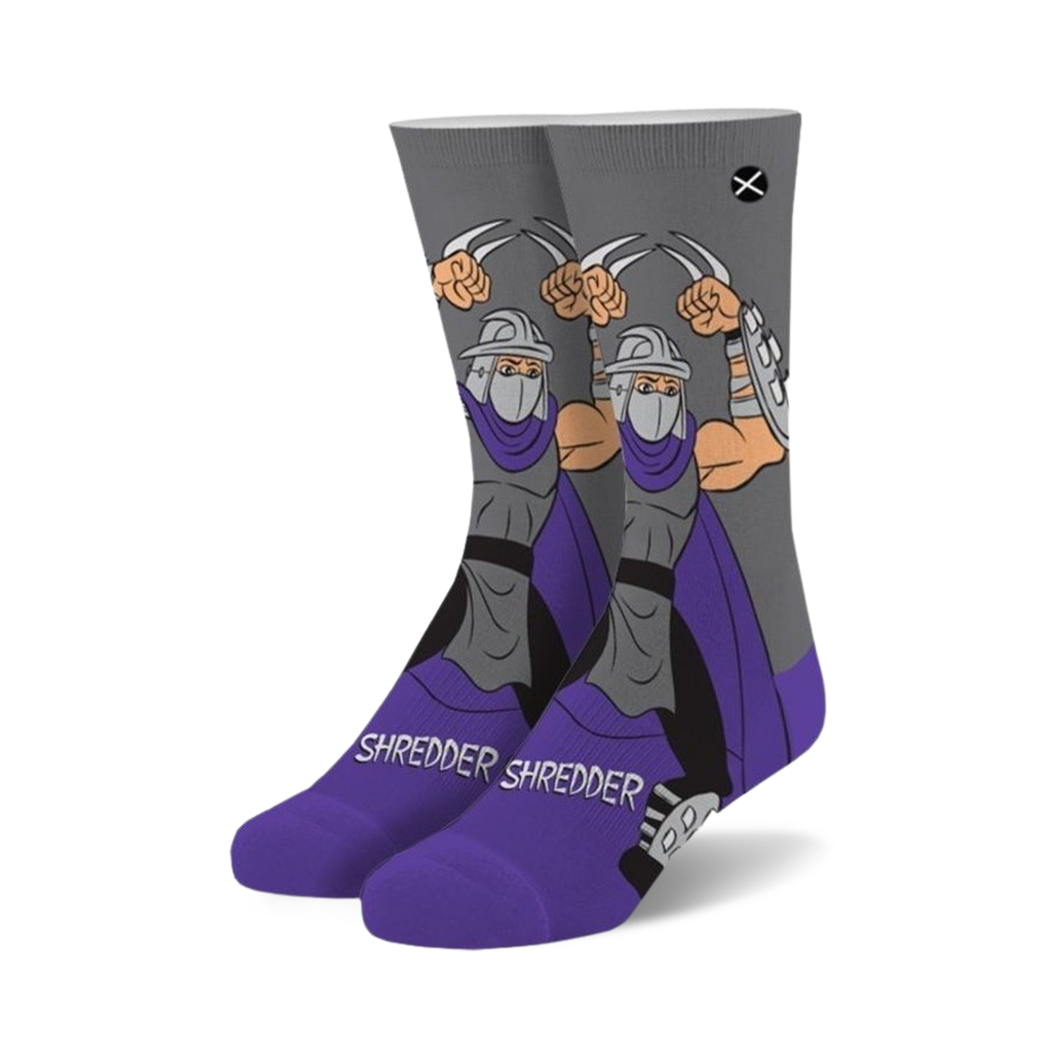 Crew socks in purple and grey featuring Shredder from Teenage Mutant Ninja Turtles.  Shows Shredder's full body with his sais.