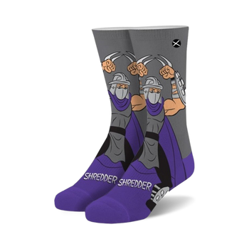 gray and purple tmnt shredder crew socks for men and women.   