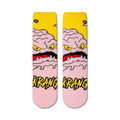 Flatlay showcasing a pair of TMNT Krang crew socks. The socks are predominantly pink and yellow with a full image of Krang's face and body.