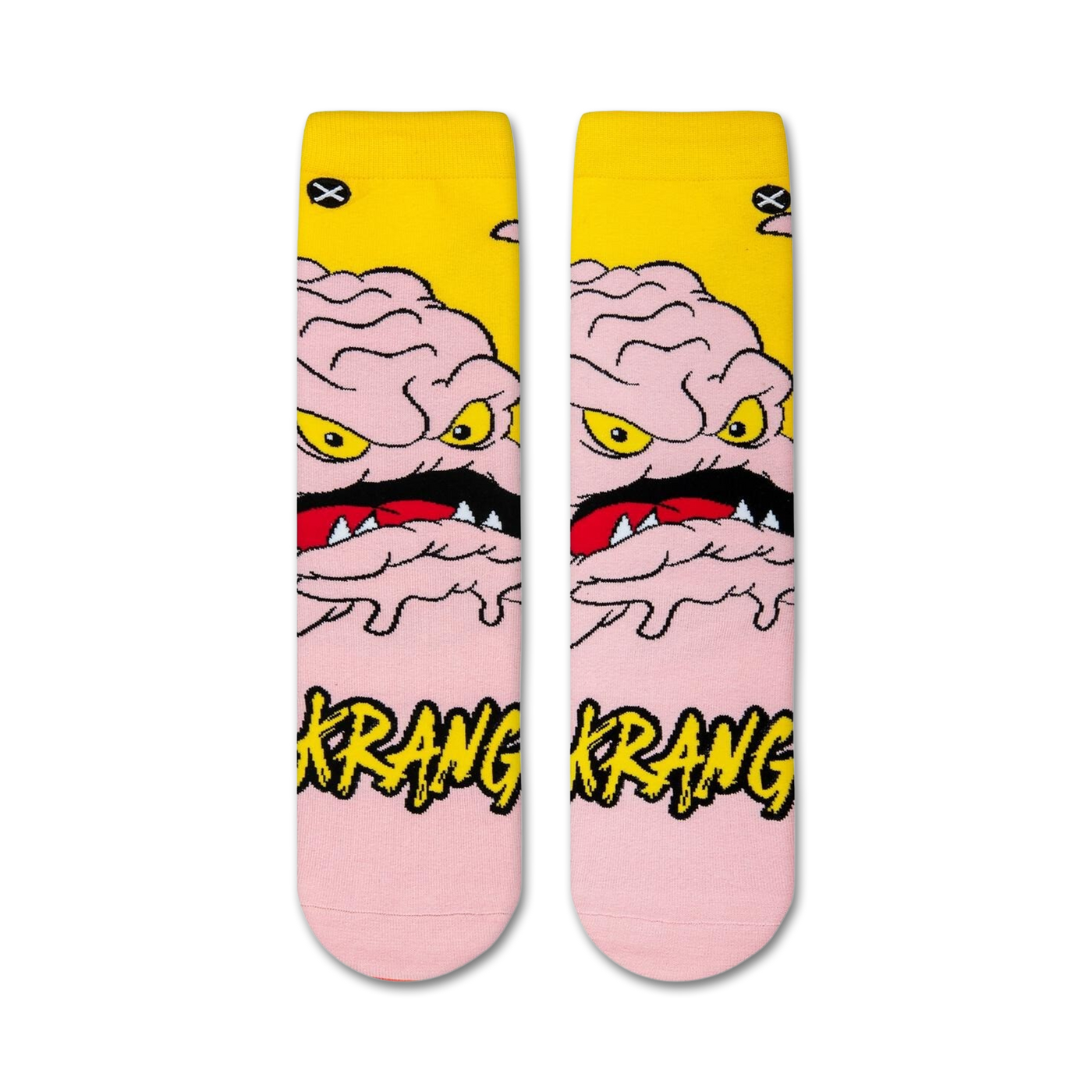 Flatlay showcasing a pair of TMNT Krang crew socks. The socks are predominantly pink and yellow with a full image of Krang's face and body.