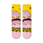 Flatlay showcasing a pair of TMNT Krang crew socks. The socks are predominantly pink and yellow with a full image of Krang's face and body.