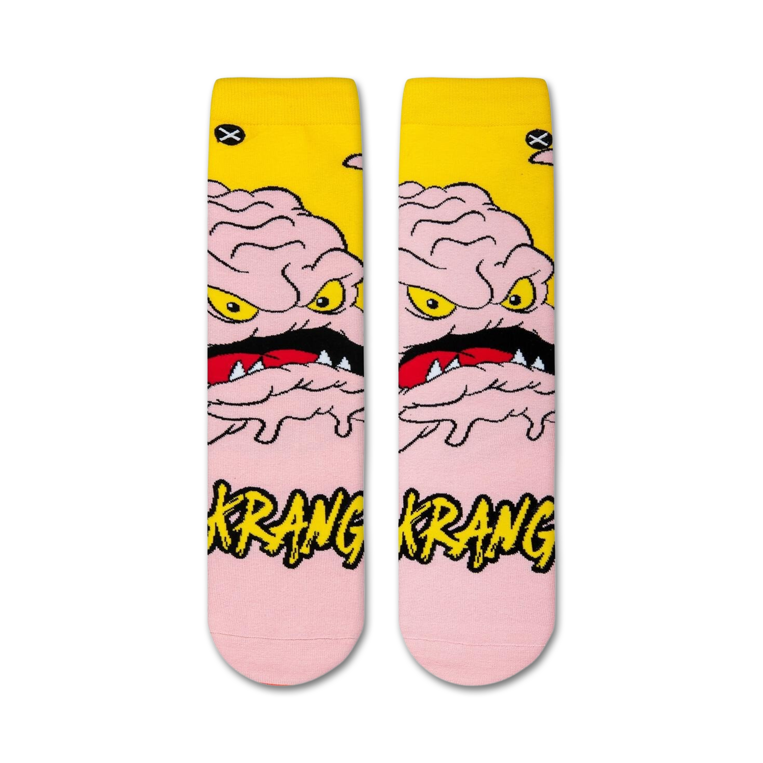Flatlay showcasing a pair of TMNT Krang crew socks. The socks are predominantly pink and yellow with a full image of Krang's face and body.