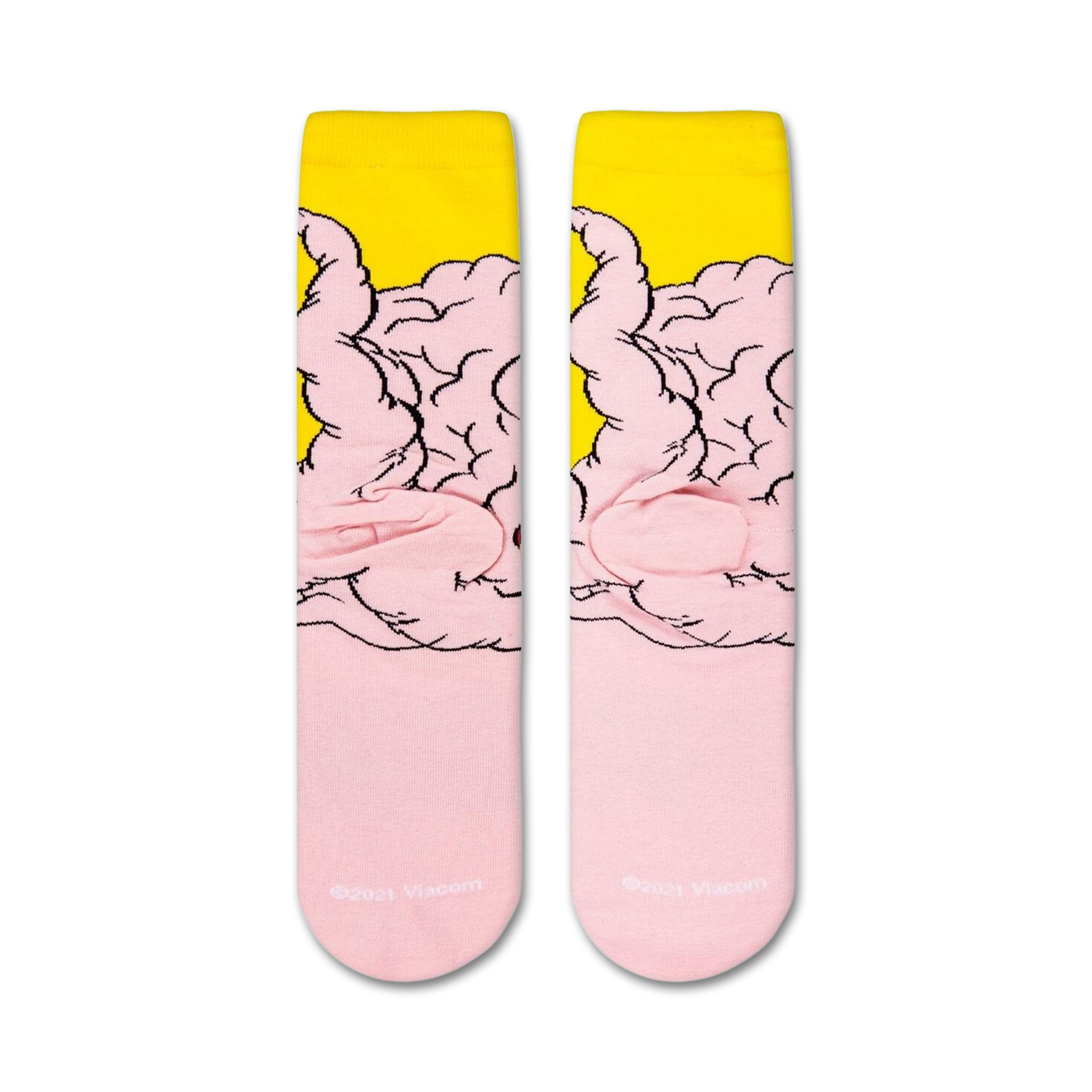 Detailed close-up of the TMNT Krang crew socks, highlighting the texture and print quality of the Krang design on pink and yellow fabric.
