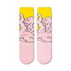Detailed close-up of the TMNT Krang crew socks, highlighting the texture and print quality of the Krang design on pink and yellow fabric.