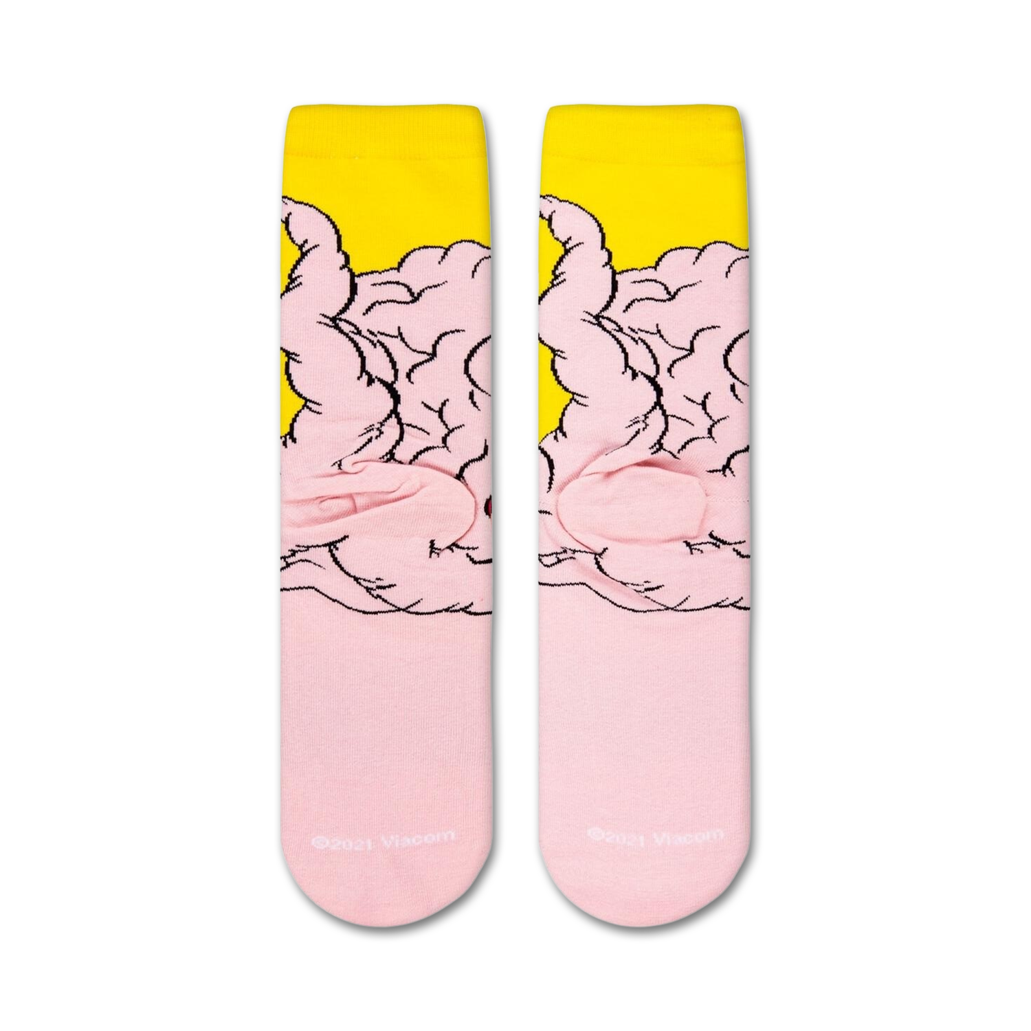 Detailed close-up of the TMNT Krang crew socks, highlighting the texture and print quality of the Krang design on pink and yellow fabric.