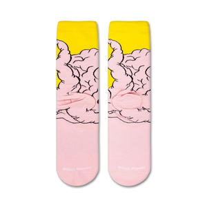 A pair of pink socks with a pattern of yellow clouds.