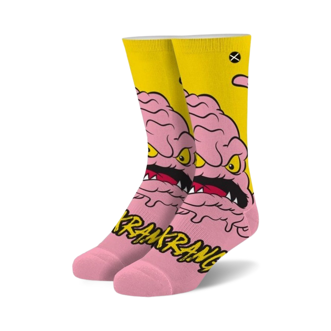 Crew socks in pink and yellow featuring Krang, the TMNT villain.  His pink brain and menacing grin are prominently displayed against a yellow background.