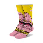 Crew socks in pink and yellow featuring Krang, the TMNT villain.  His pink brain and menacing grin are prominently displayed against a yellow background.
