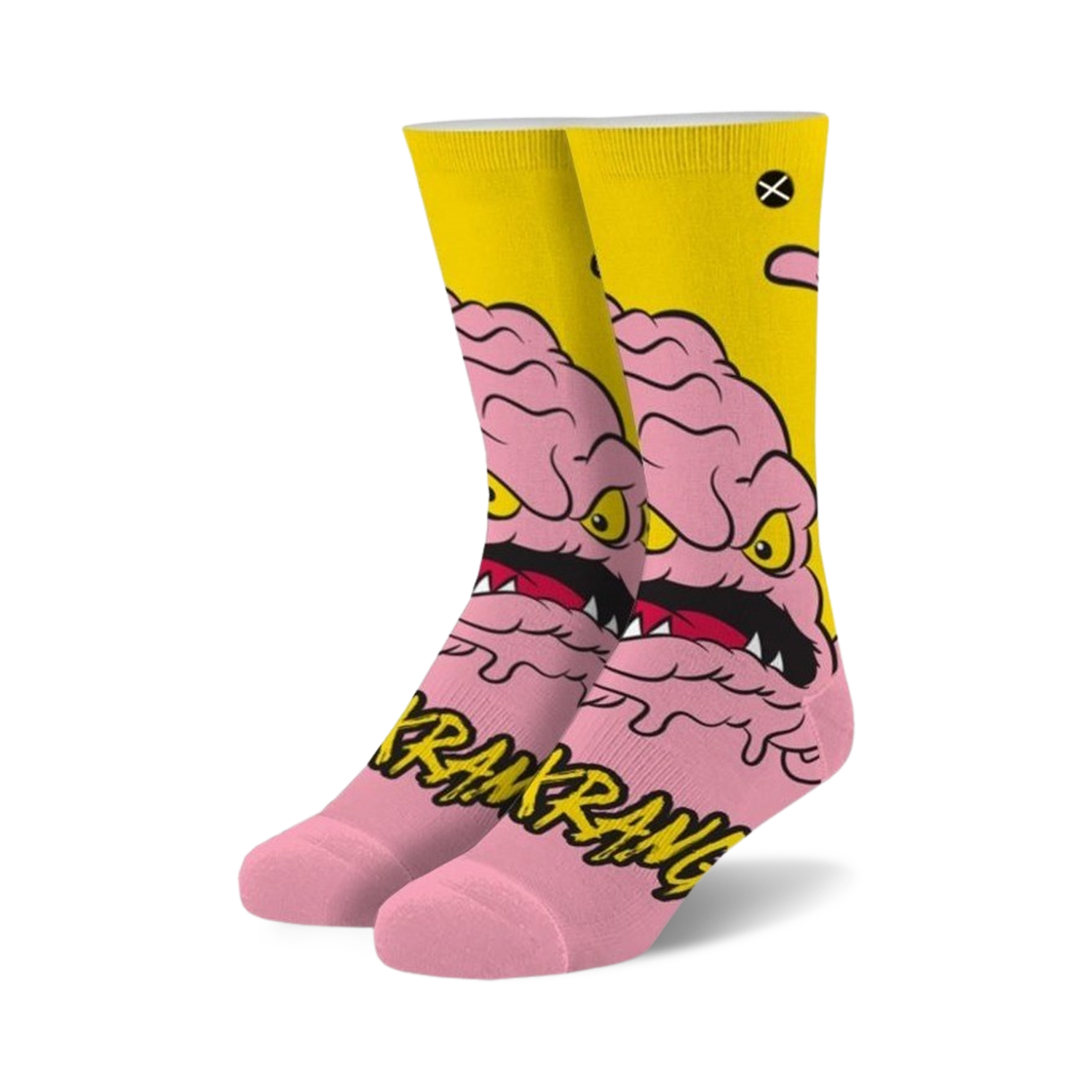 Crew socks in pink and yellow featuring Krang, the TMNT villain.  His pink brain and menacing grin are prominently displayed against a yellow background.