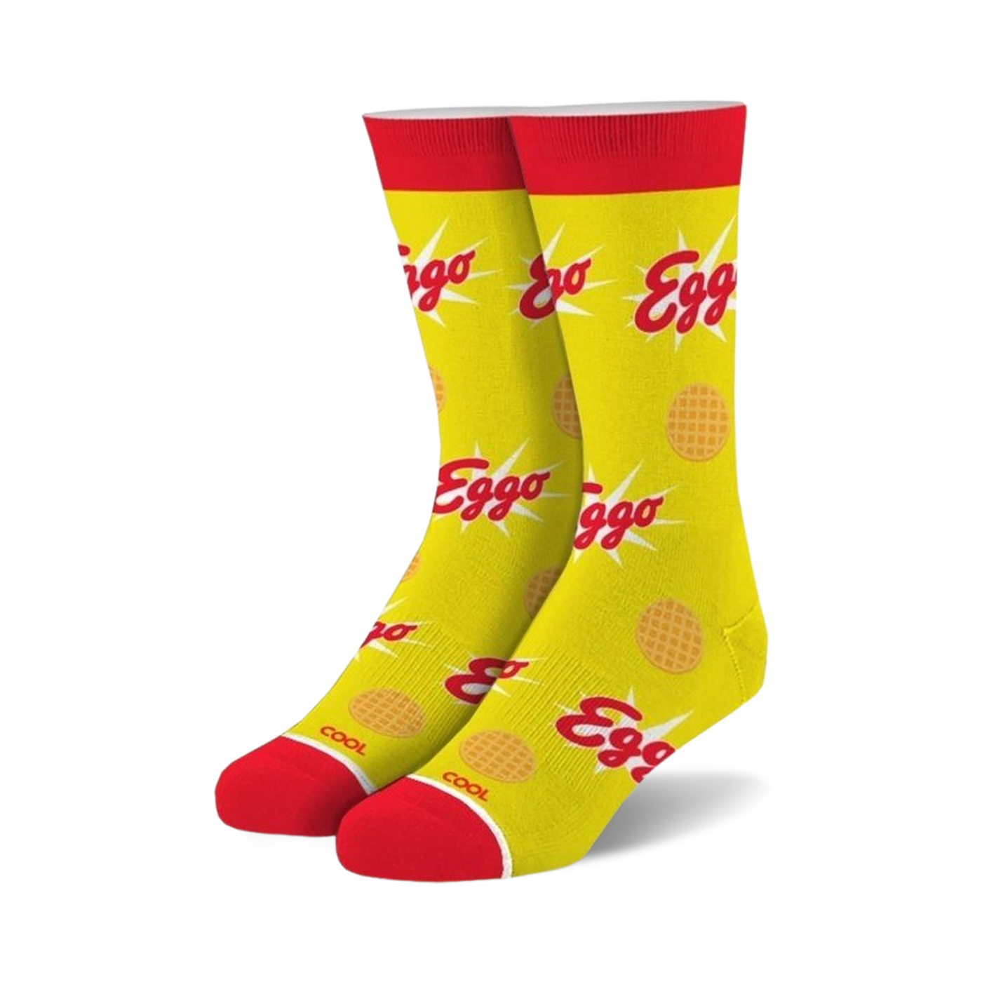 Pair of yellow crew socks with red cuffs.  The socks are covered in Eggo waffle images and logos.