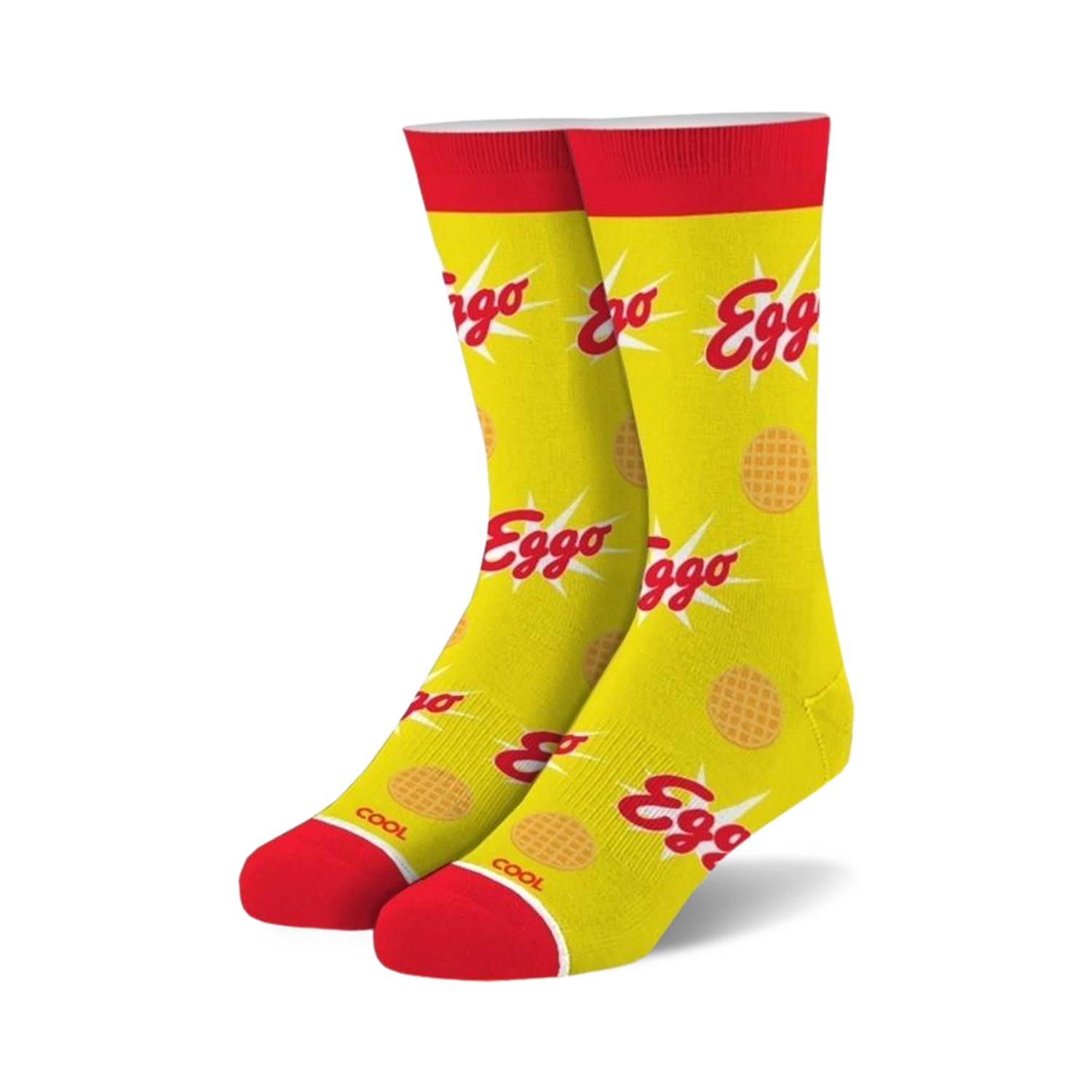 Pair of yellow crew socks with red cuffs.  The socks are covered in Eggo waffle images and logos.