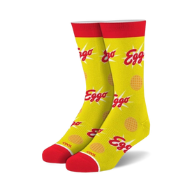 crew-length novelty socks with eggo waffle pattern, maple syrup detail, and "eggo" text for men and women.   