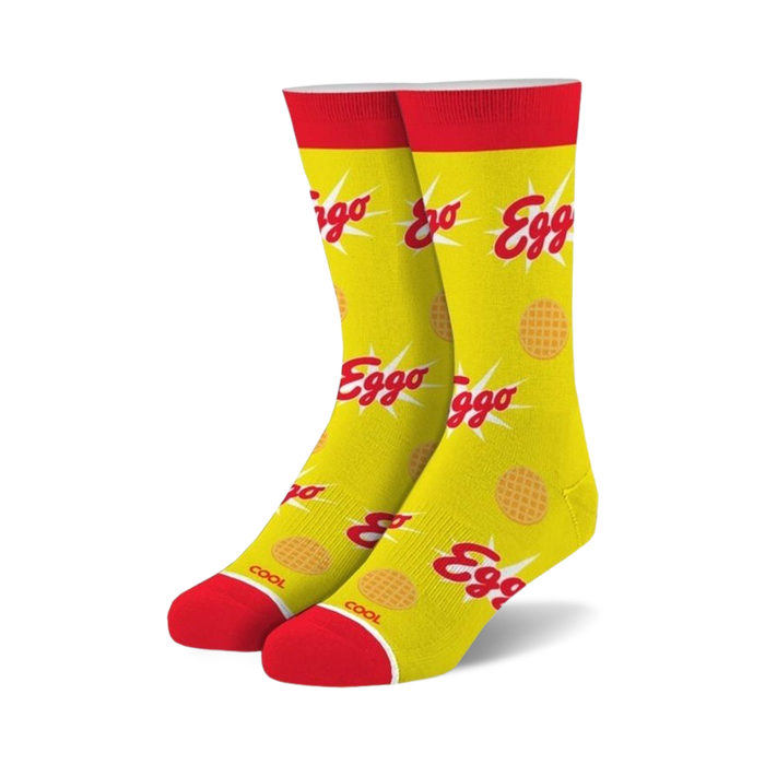 crew-length novelty socks with eggo waffle pattern, maple syrup detail, and 