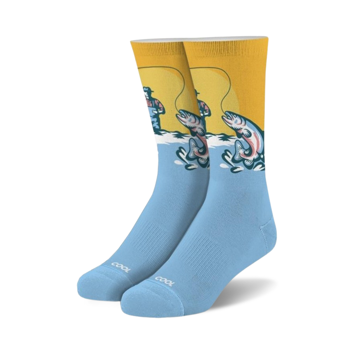 Pair of men's crew socks. Yellow and light blue design. Features a vintage illustration of a fisherman catching a trout.