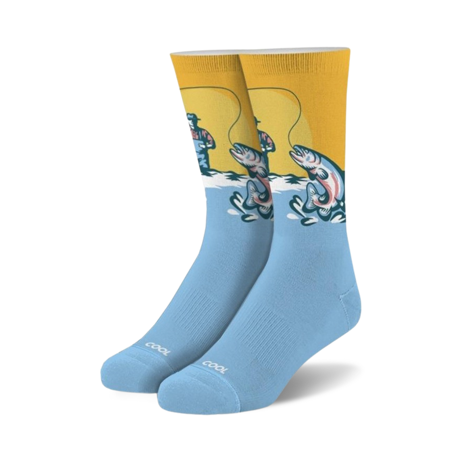 Pair of men's crew socks. Yellow and light blue design. Features a vintage illustration of a fisherman catching a trout.