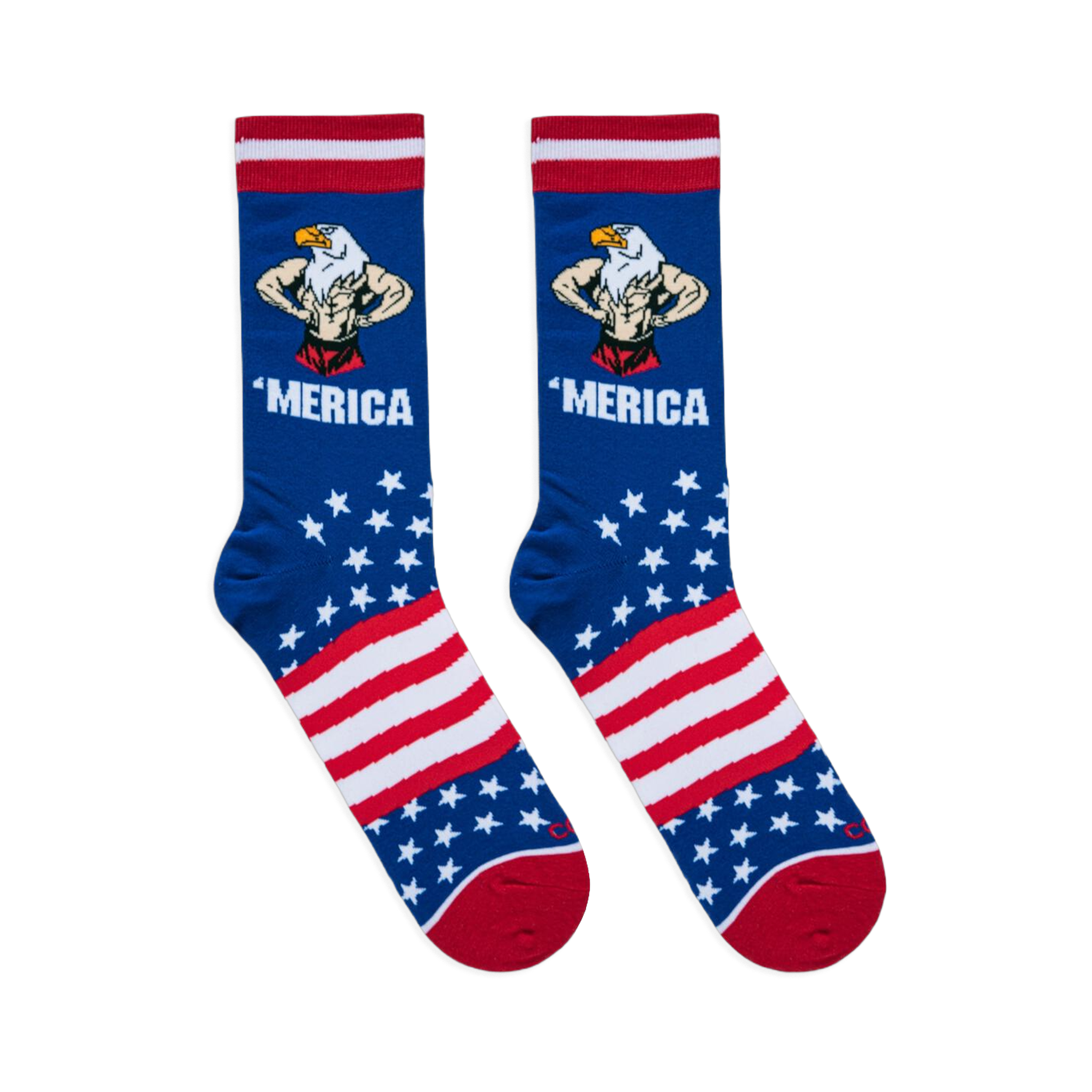 Flat lay of two blue 'Merica socks side by side, clearly showing the muscular flexing eagle, bold text, stars, and stripes.