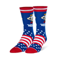 Blue socks featuring a muscular bald eagle flexing over the word 'MERICA, with white stars, stripes, and a solid red toe.