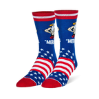 Blue socks featuring a muscular bald eagle flexing over the word 'MERICA, with white stars, stripes, and a solid red toe.