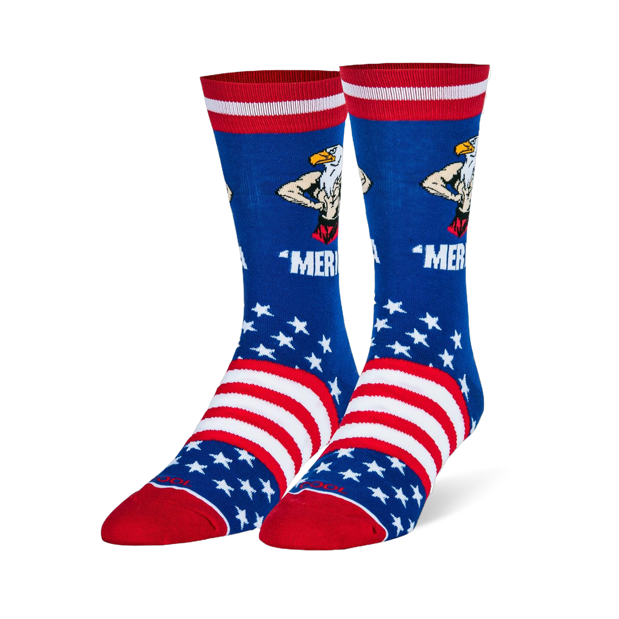 Blue socks featuring a muscular bald eagle flexing over the word 'MERICA, with white stars, stripes, and a solid red toe.